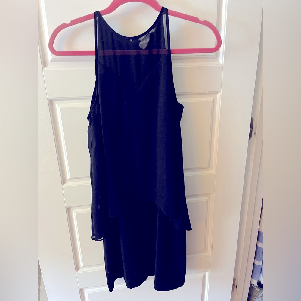 H&M navy cocktail dress mesh detail @ neckline, sz 4